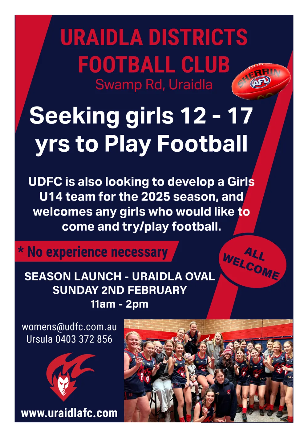 Seeking girls 12 to 17 yrs to try/play football graphic from the club