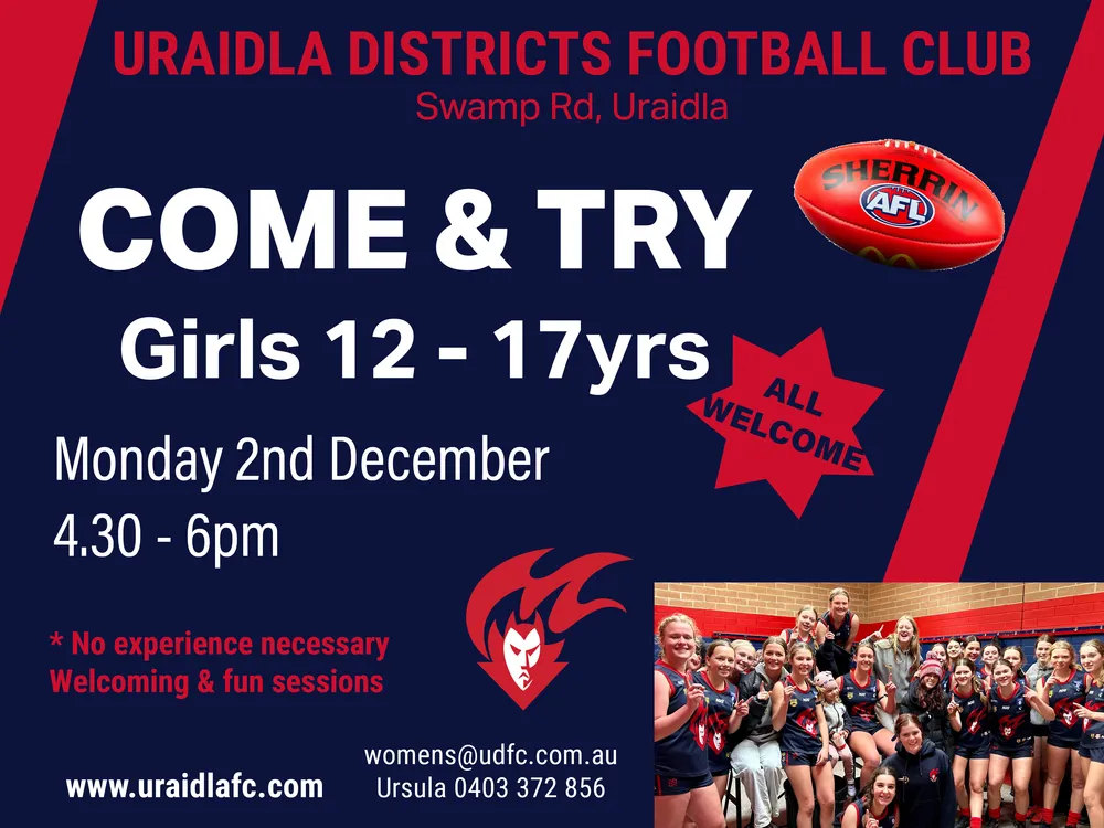 Come & Try, Monday 2nd December 4.30 to 6pm graphic from the club